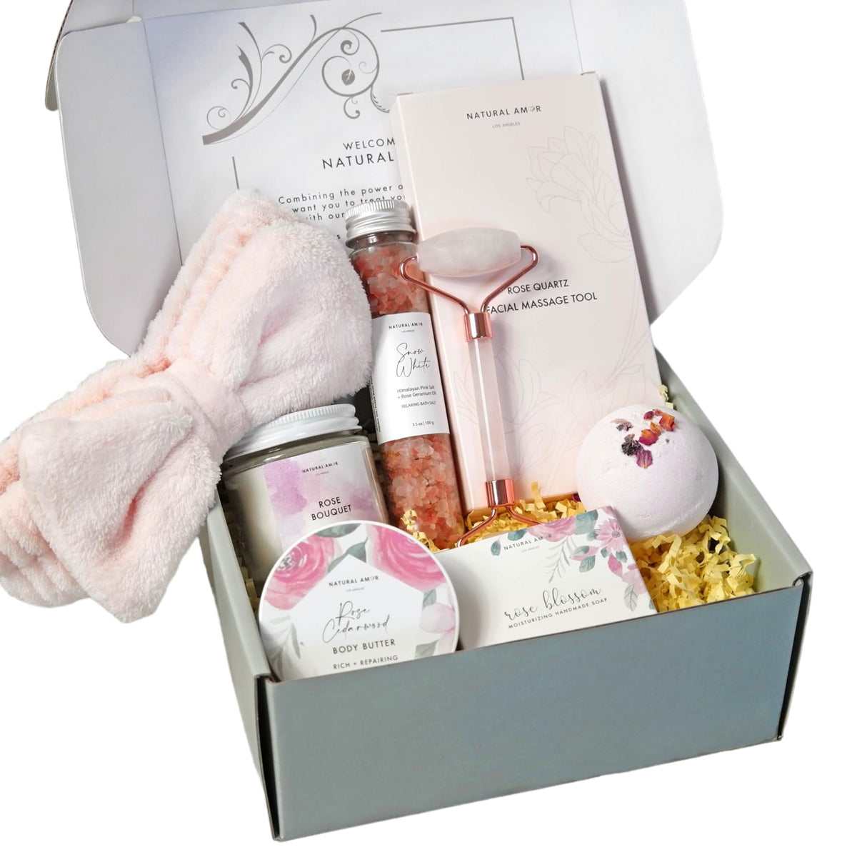 Natural Amor Relaxing Spa Gift Set For Women - 7Pc Bath & Body, Soap, Candle & Bath Bombs