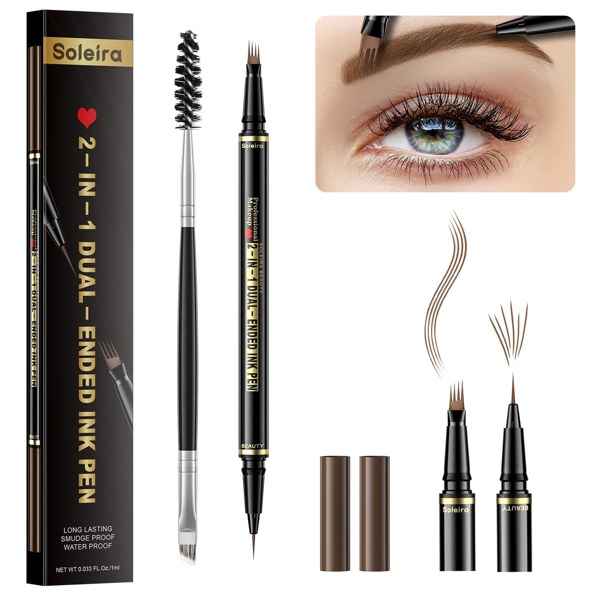 Soleira Waterproof Eyebrow Pen With Microblading Tip & Dual-Ended Brush - Soft Brown