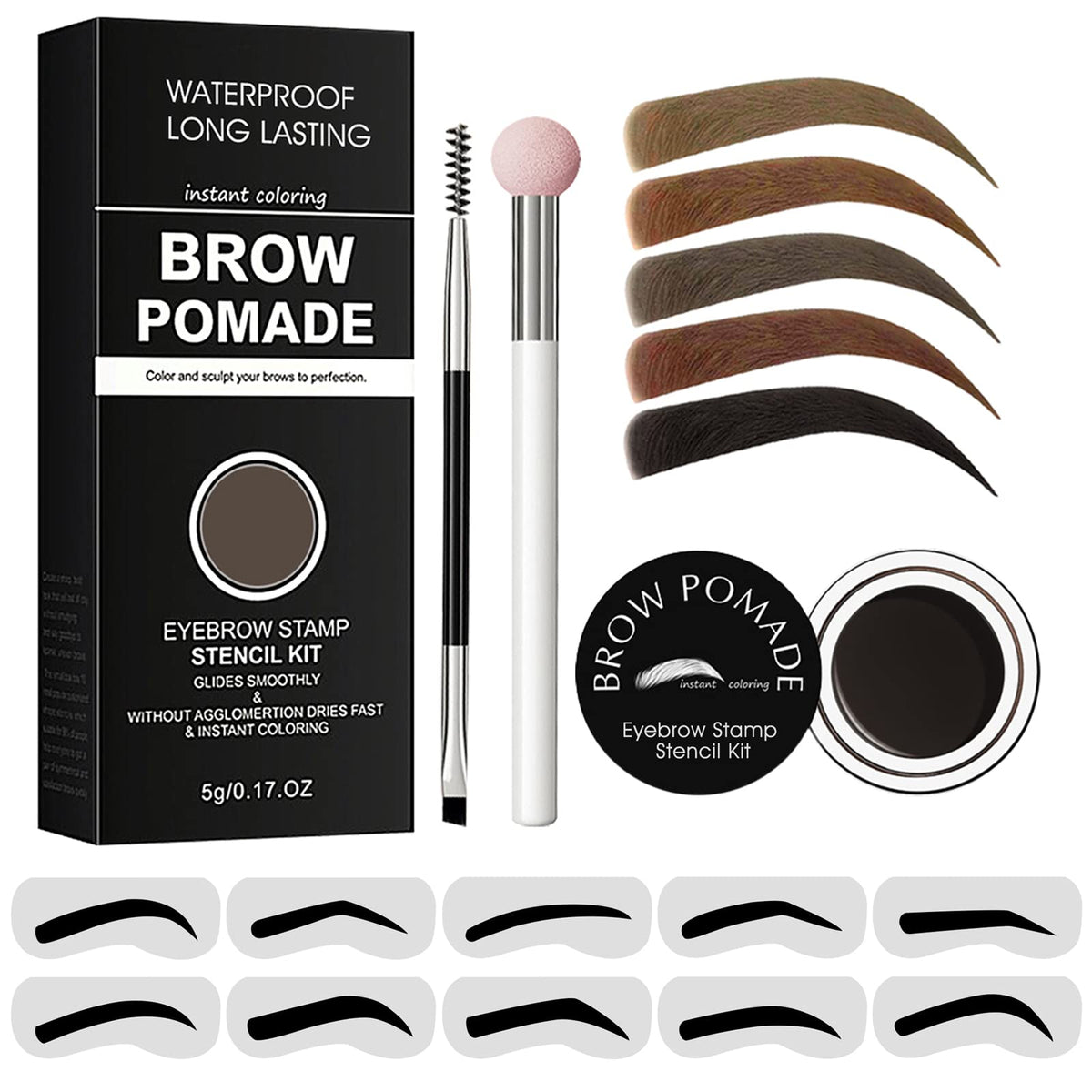 Lsxia Eyebrow Stamp Stencil Kit - Waterproof Makeup, 10 Stencils, Dual-Ended Brush, Ebony