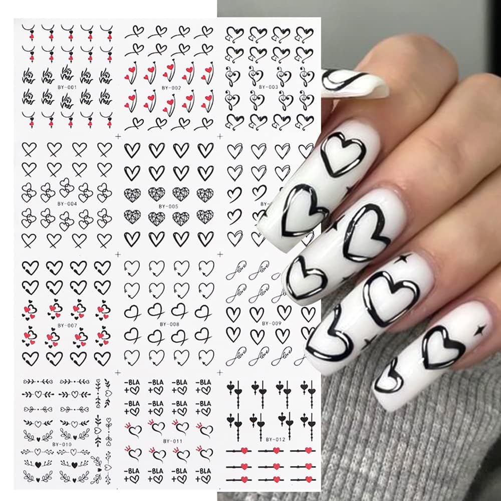 Kolonams Valentine'S Day Nail Art Stickers - Black White Heart Water Transfer Decals, 12 Sheets