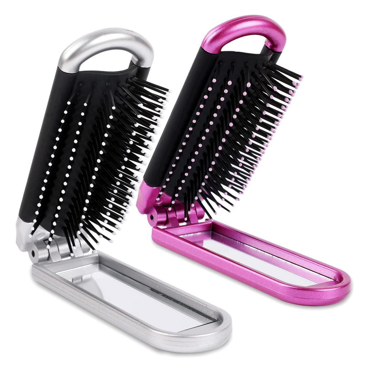 Sliverdew Travel Hair Brush Set - 2 Folding Brushes With Mirror, Compact & Portable, Silver & Purple