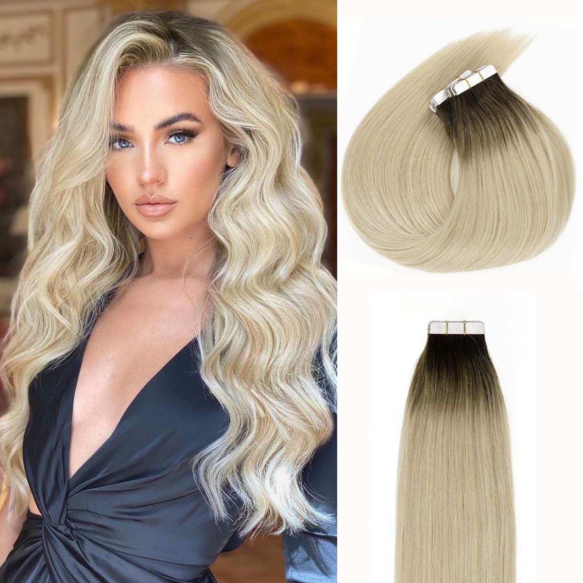 Anrosa Tape In Hair Extensions 18&quot; Human Hair Platinum Ash Blonde 20 Pcs 50G Real Skin Weft