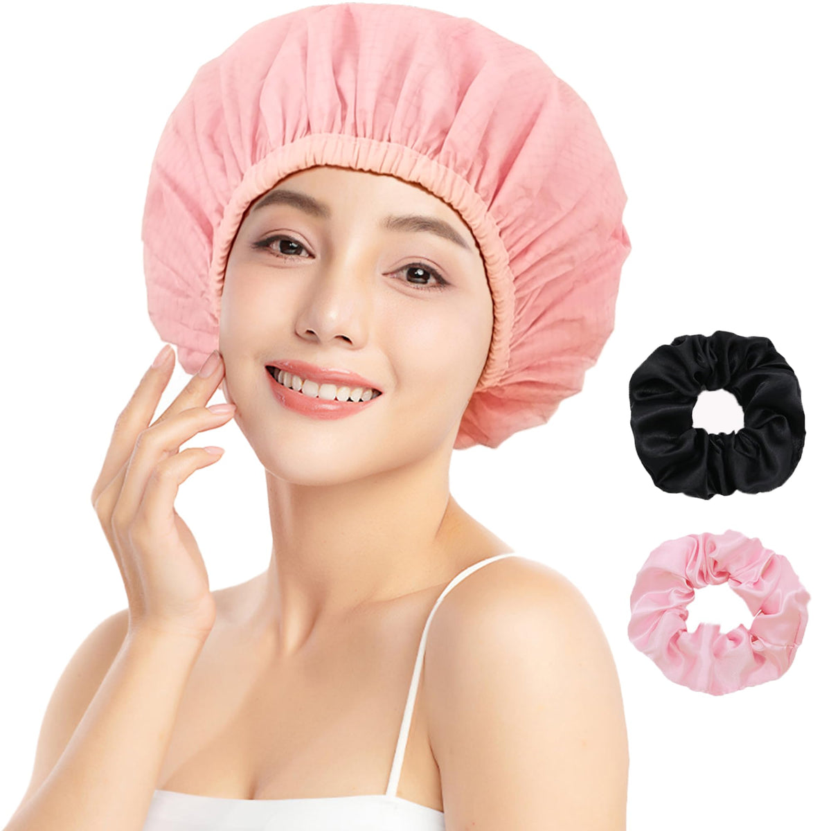 Vidsel Waterproof Satin Lined Shower Cap For Women - Reusable Large Bath Caps For Curly Hair