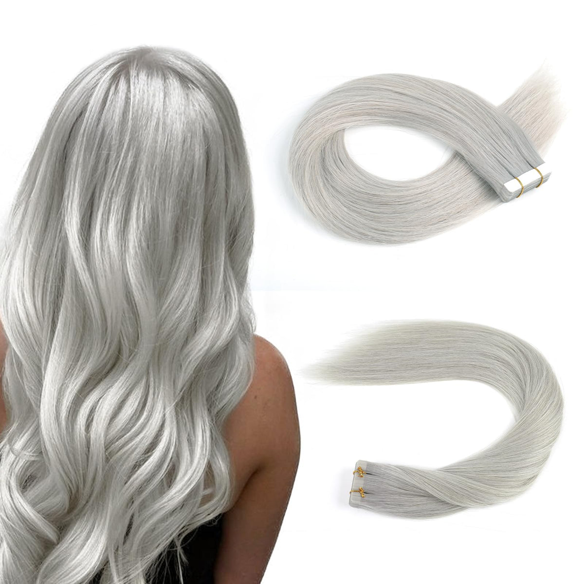 Sassina 18&quot; Silver Gray Tape In Extensions - Reusable Human Hair, 20 Pcs, 50G Double Sided