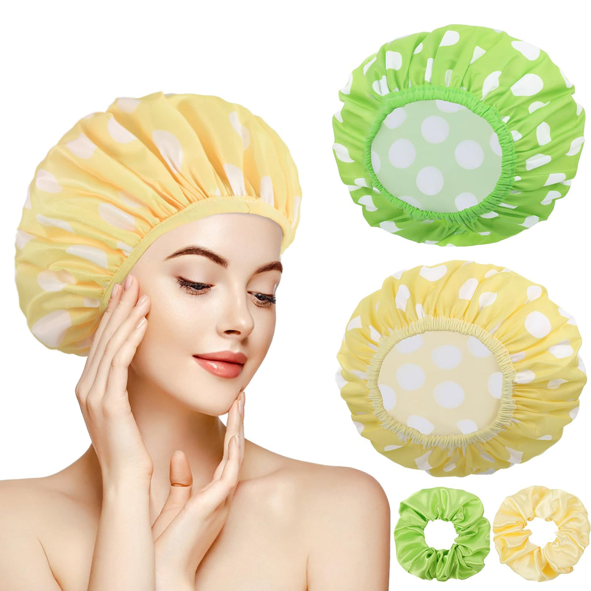 Wsicse 2 Sets Waterproof Shower Caps For Women - Double Layer, Large, Thick Hair, Cyan/Yellow