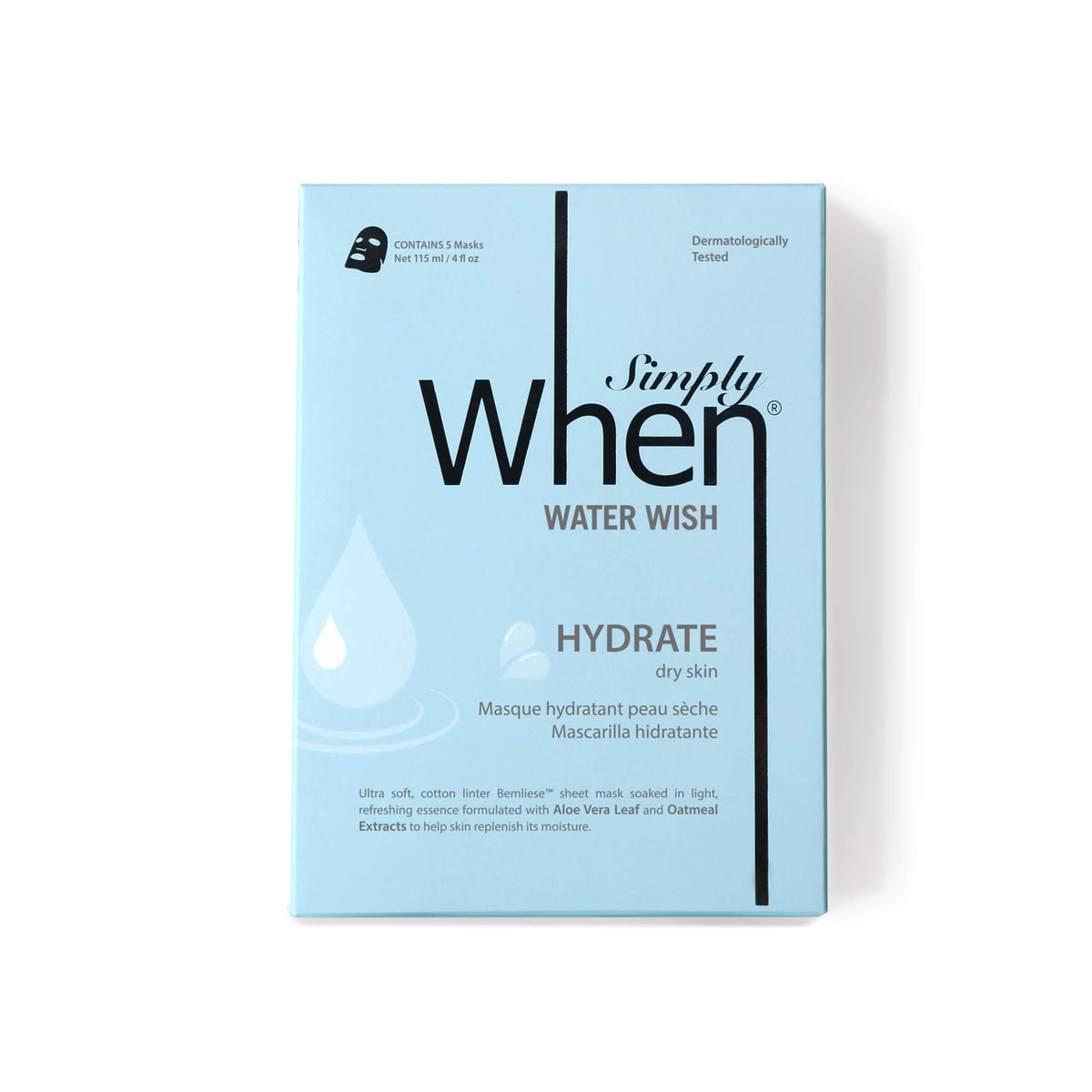 Simply When Hydrating Water Wish Ultra-Soft Cotton Facial Sheet Masks, 5 Pack