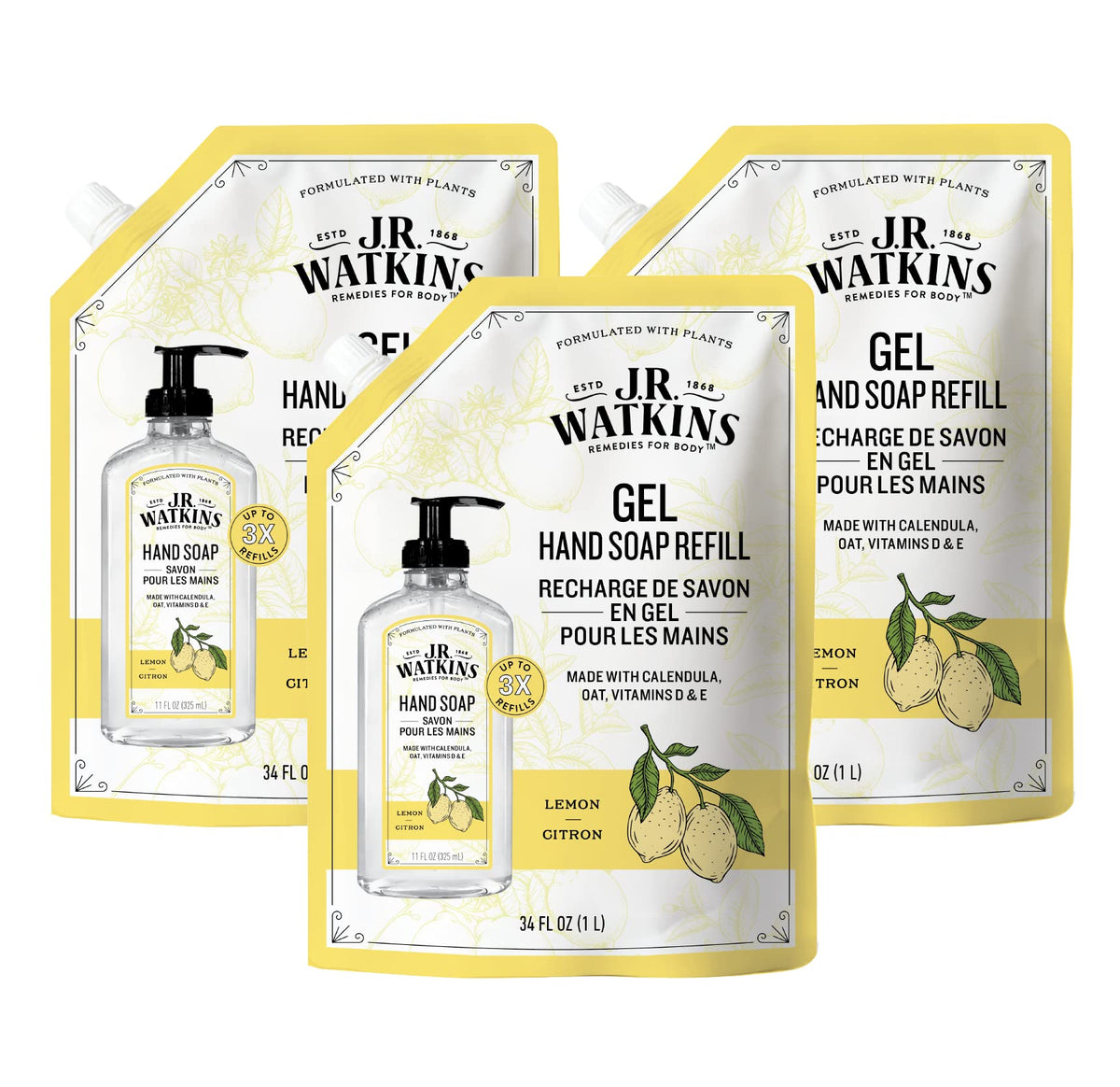 J.R. Watkins Lemon Gel Hand Soap Refill - Moisturizing, All Natural, 34 Fl Oz, 3 Pack