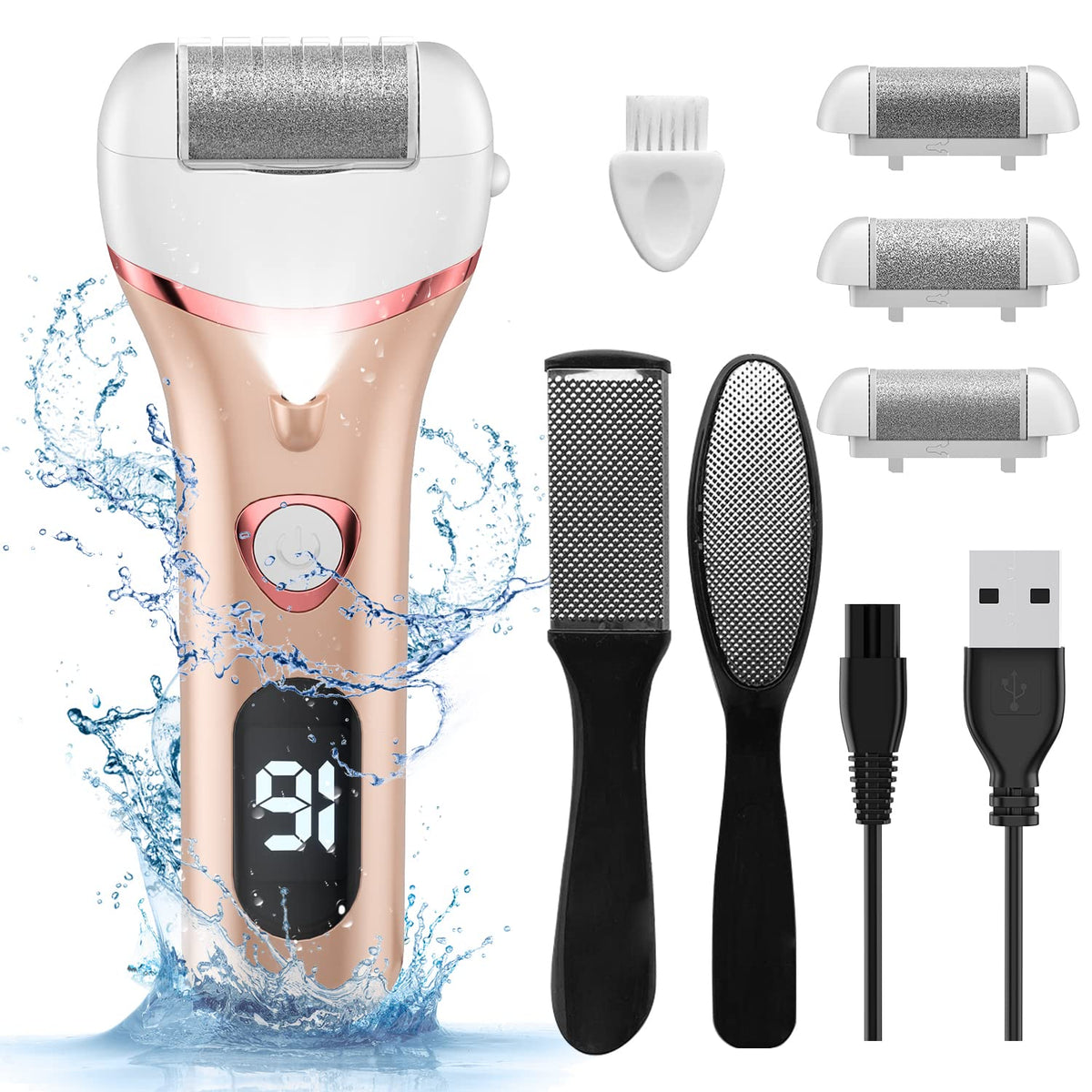 Geopu Electric Foot Callus Remover - Rechargeable, Waterproof Pedicure Tool With 3 Rollers, Black