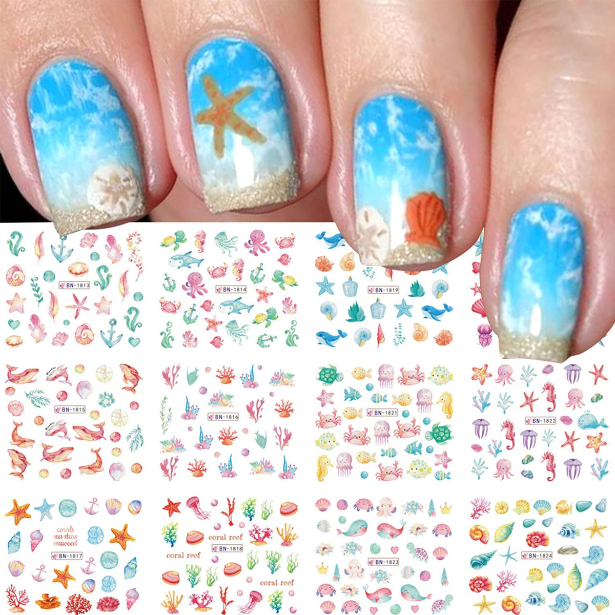 Aidvpod Summer Ocean Nail Stickers - 12 Pc Water Transfer Decals, Shells & Starfish Designs