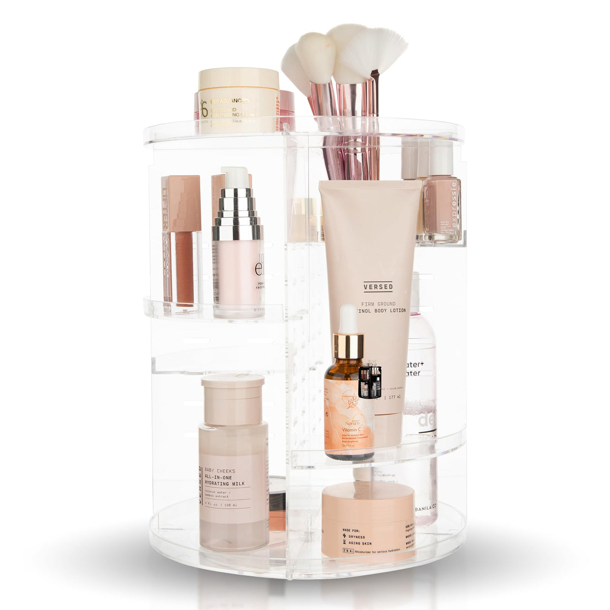 Masirs Rotating Makeup Organizer - Adjustable Height, Clear Plastic Spinning Cosmetic Storage