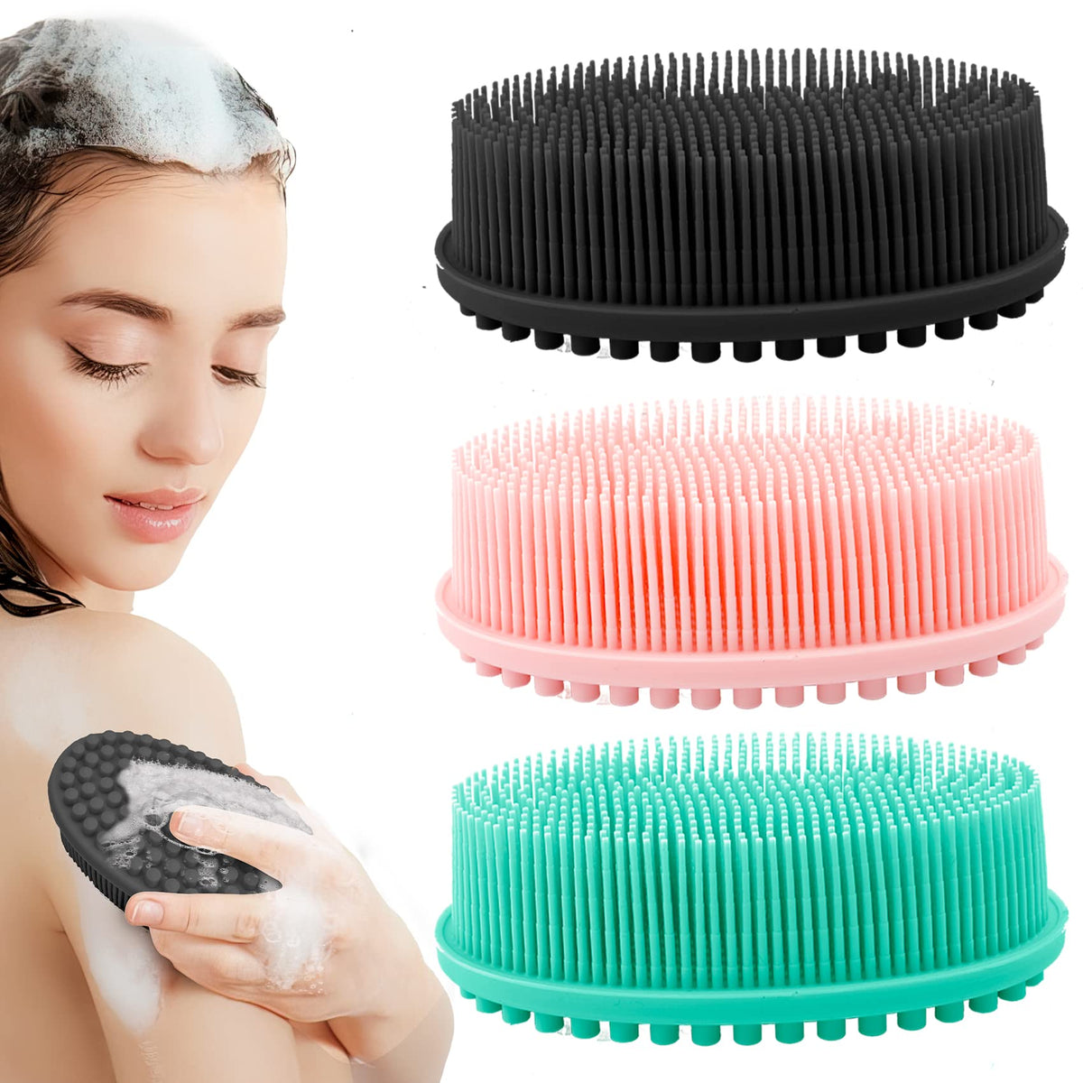 Slergut 3 Pack Silicone Body Scrubber - Soft Exfoliating Loofah For Men & Women, Bath & Shampoo Brush