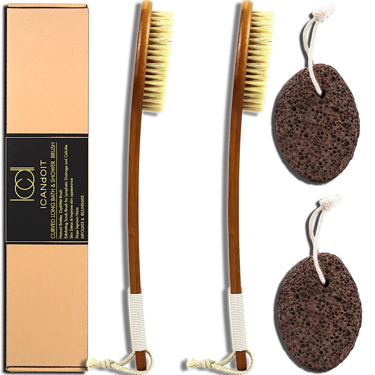 Icdi Icandoit 17.71&quot; Sisal Bristle Bath Brush Set With Pumice Stone - Exfoliating