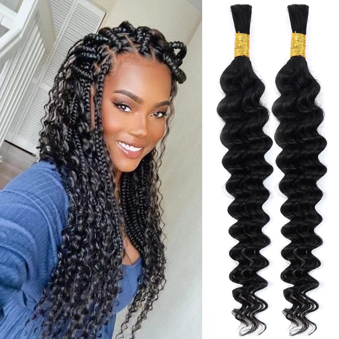 Selina 22&quot; Loose Deep Human Braiding Hair, 2 Bundles (100g) Natural Black Bulk Deep Wave