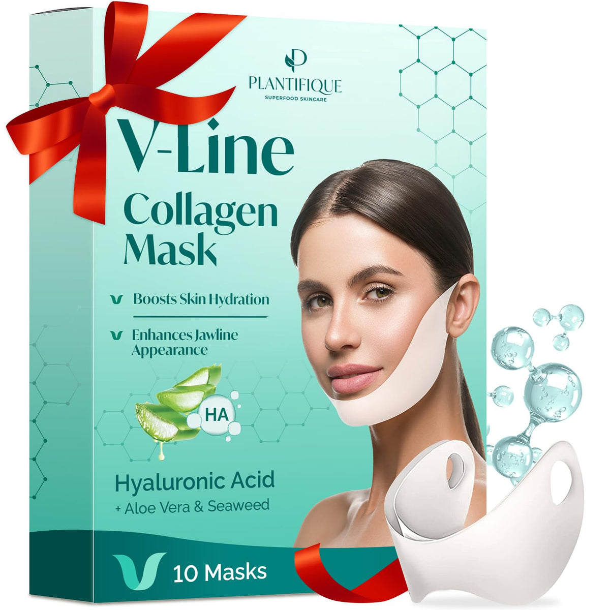 Plantifique V-Line Collagen Mask 10 Pcs | Skin Firming Chin Strap | Hyaluronic Acid Face Tape