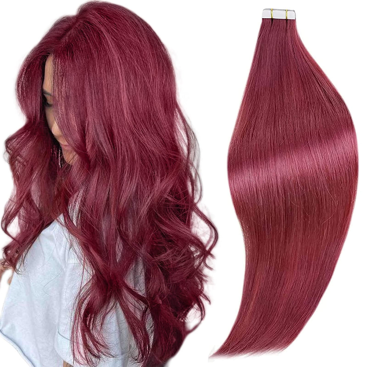 Runature 18&quot; Burgundy Tape In Hair Extensions - Real Human Hair, Dark Red 99J, 10Pcs