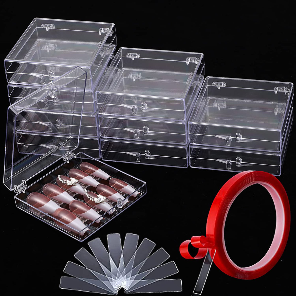 Noverlife 10Pcs Press On Nail Storage Box, Clear Plastic With Acrylic Sticks & Nail Glue