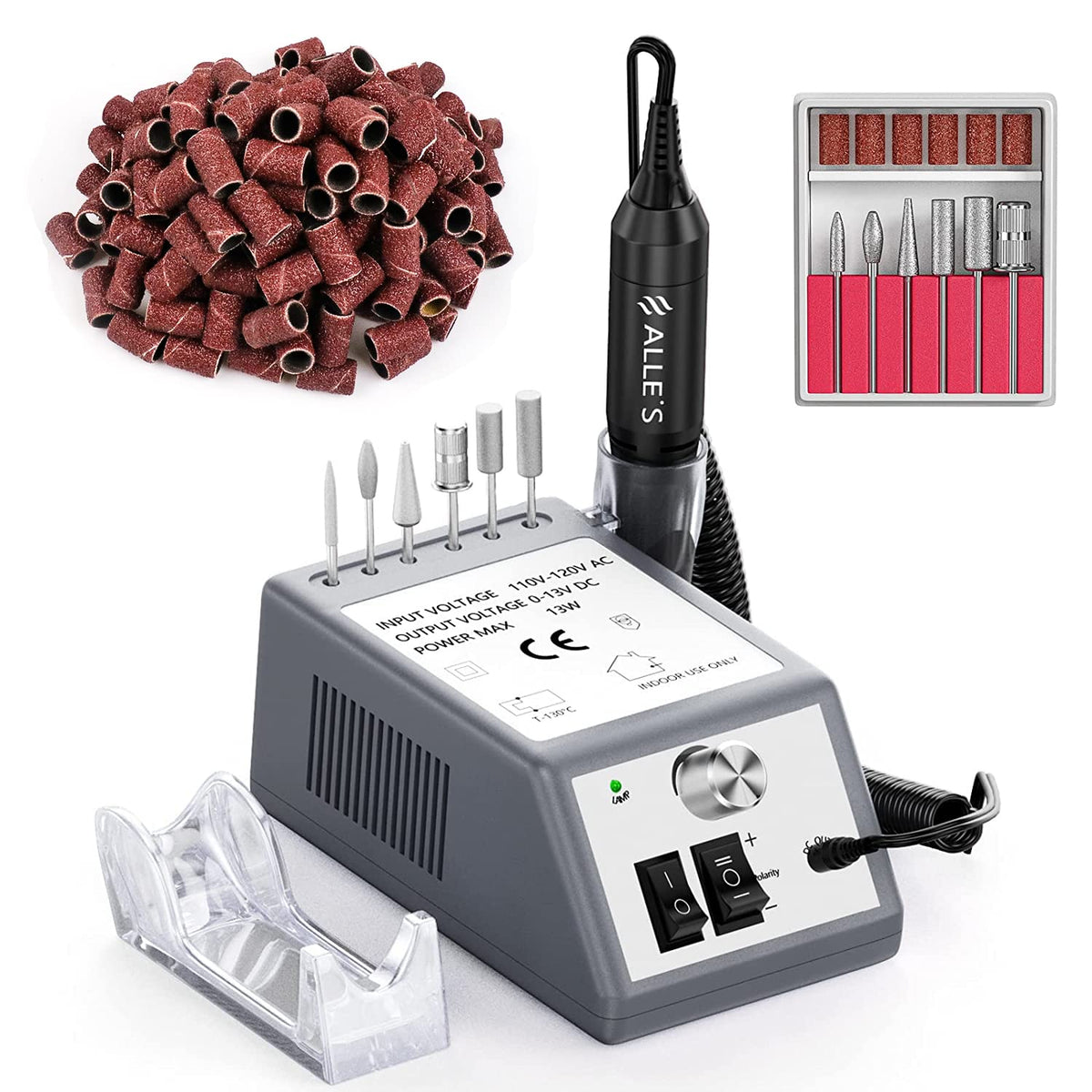 ALLE?S Professional Nail Drill Machine 20000 RPM Efile Kit with 6 Drill Bits & 106 Sanding Bands