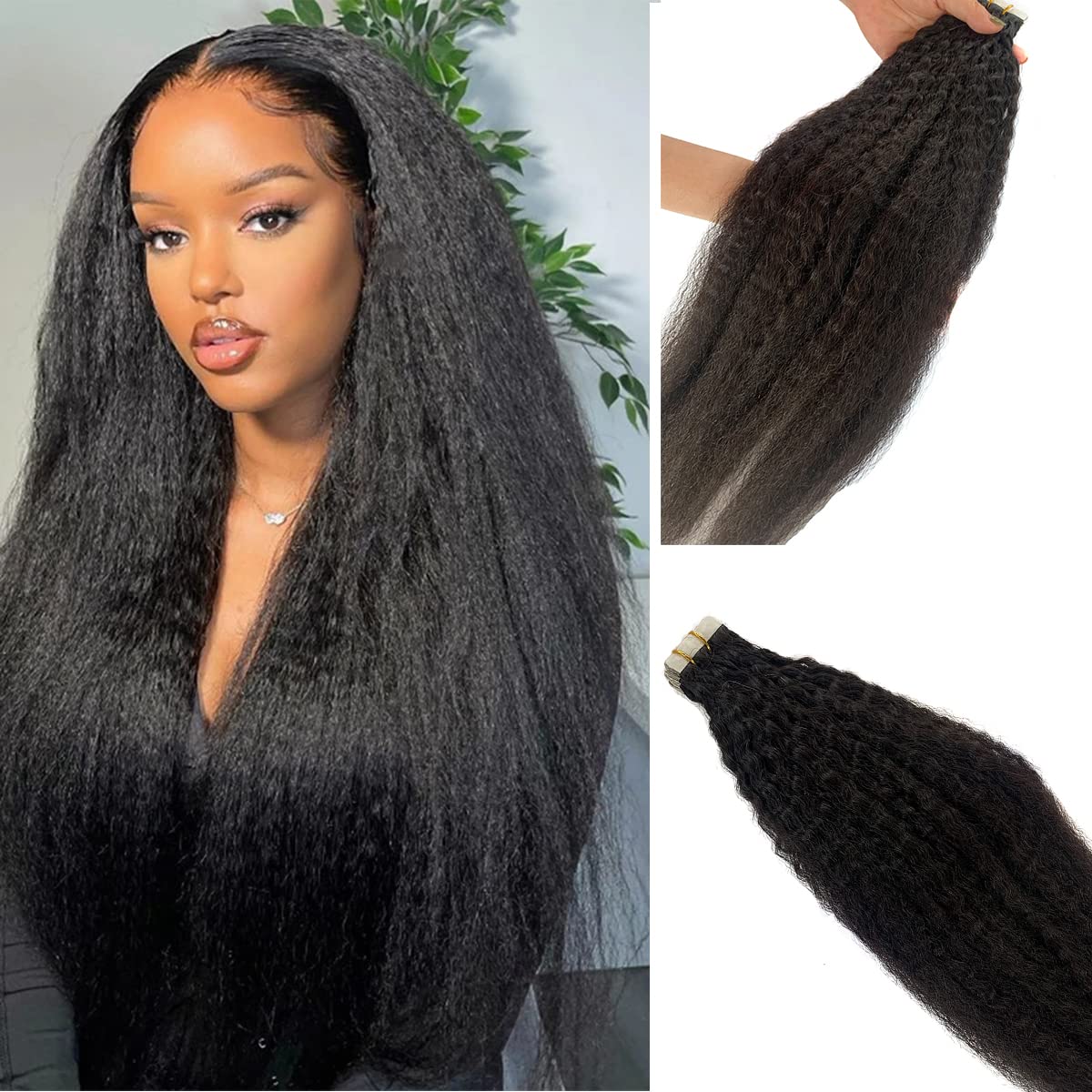 Smavida Kinky Straight Tape In Hair Extensions 18&quot; #1B Natural Black Remy Hair For Women