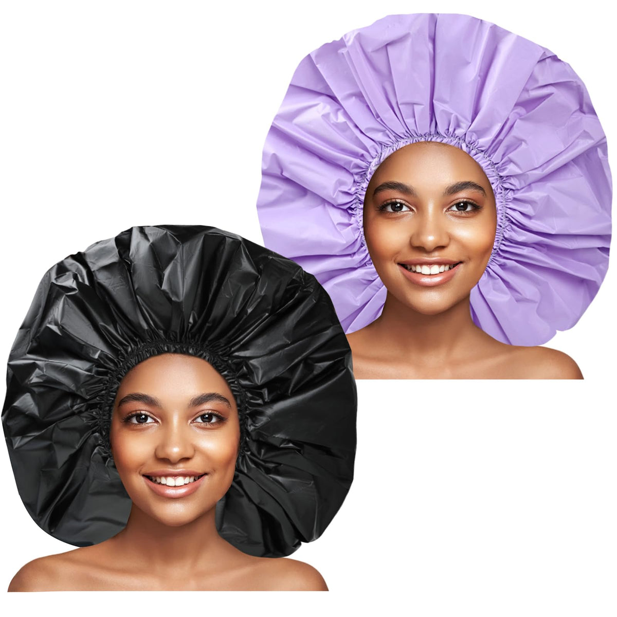 Chfong Jumbo Waterproof Shower Cap 2 Pcs For Long Thick Hair - Black & Purple