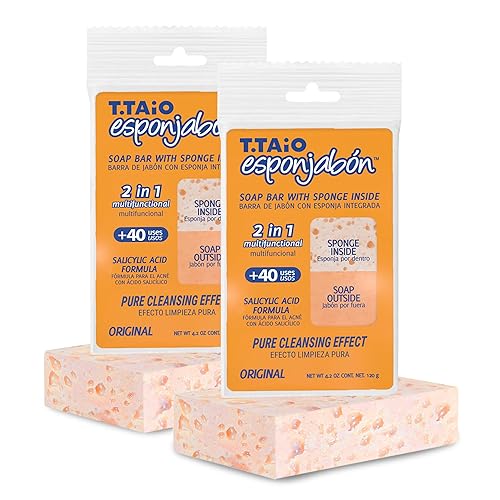 T.Taio Pore-Cleansing Soap Sponge - 2-Pack Shower Scrubber For Face, Feet & Elbows - Orange