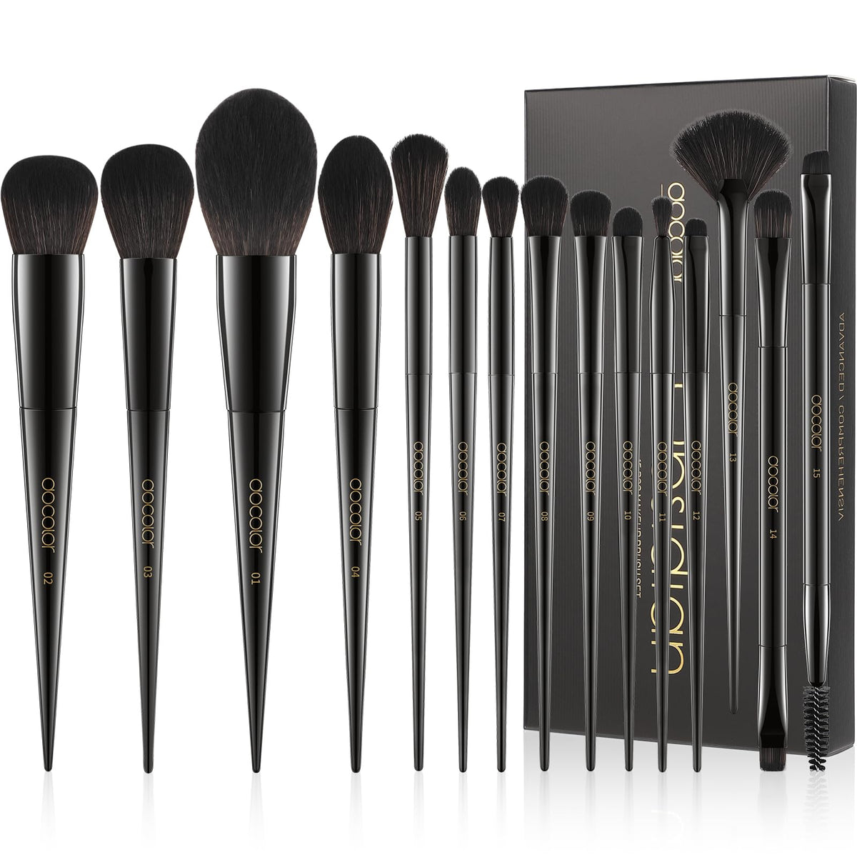 Docolor 15Pcs Obsidian Makeup Brush Set - Premium Synthetic Kabuki, Foundation, Eyeshadow Brushes