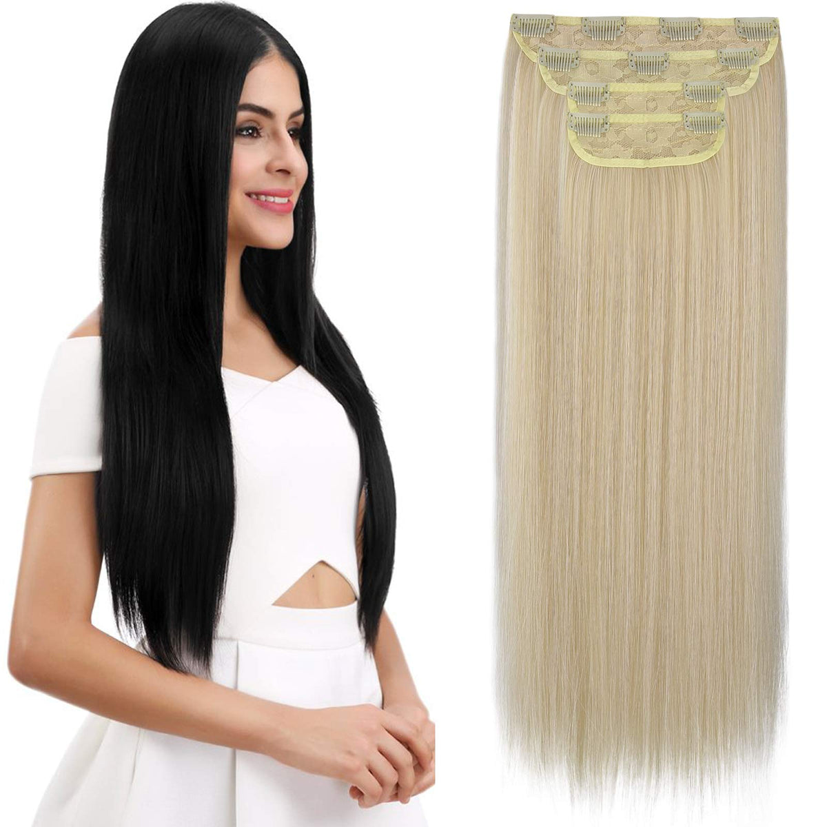 REECHO 24&quot; Light Blonde Straight Clip-In Hair Extensions Set - 4 PCS Thick Synthetic