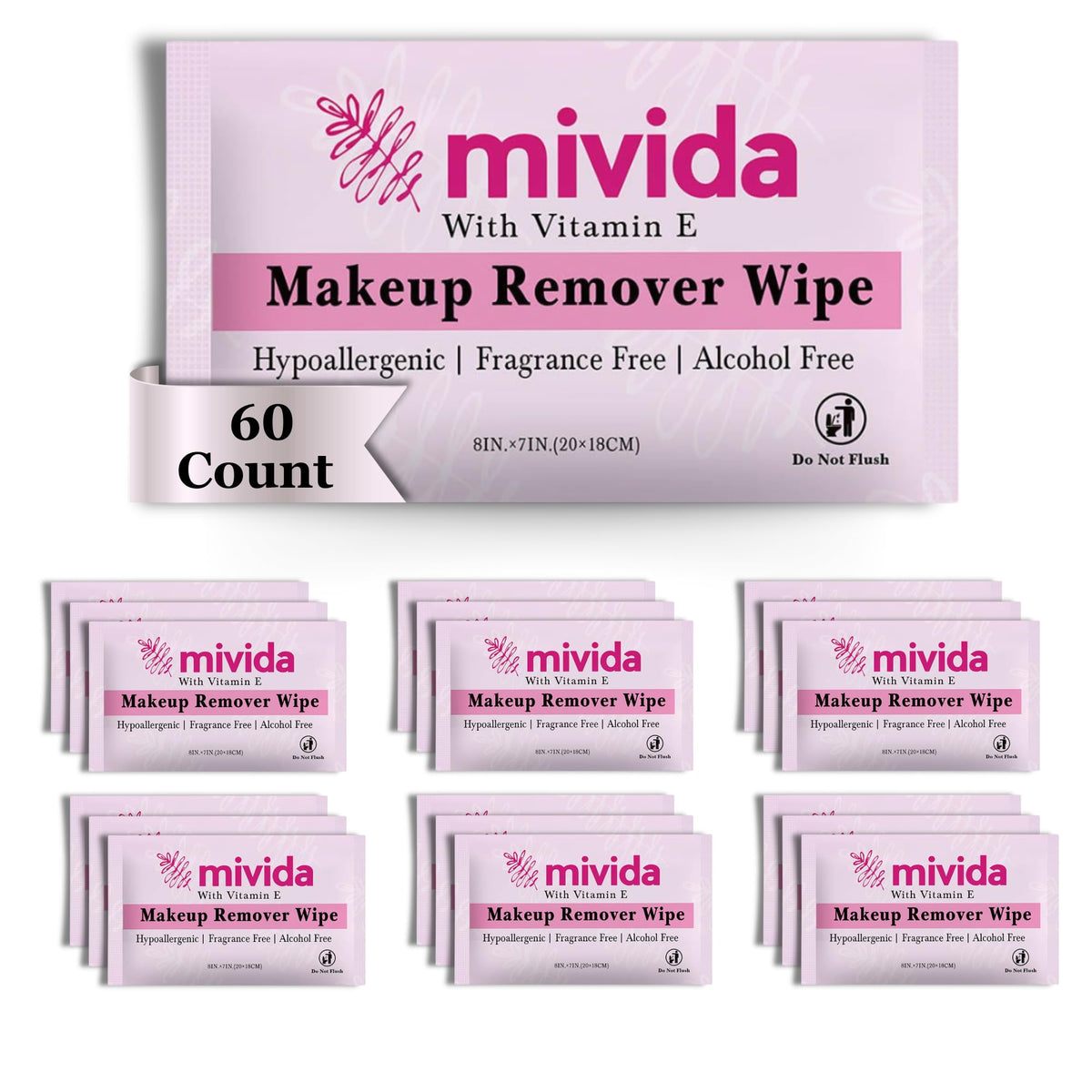 Mivida Makeup Remover Wipes 60 Count - Fragrance-Free, Alcohol-Free, Hypoallergenic, Travel Size