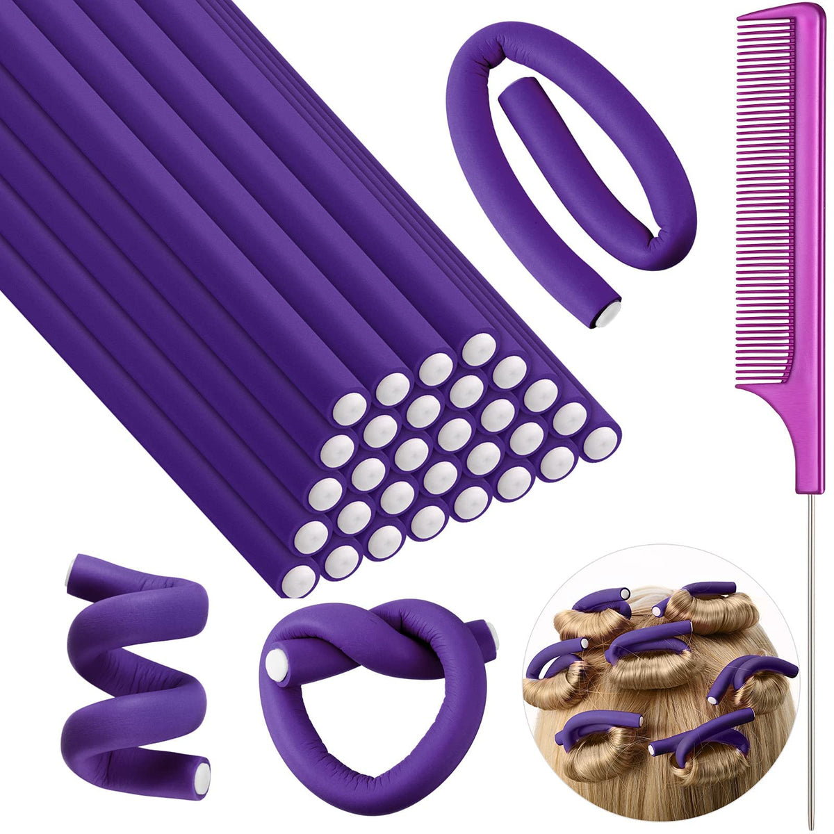 Syhood 30 Flexible Curling Rods, Foam Hair Rollers, No Heat, 7x0.3 Inch, Purple,