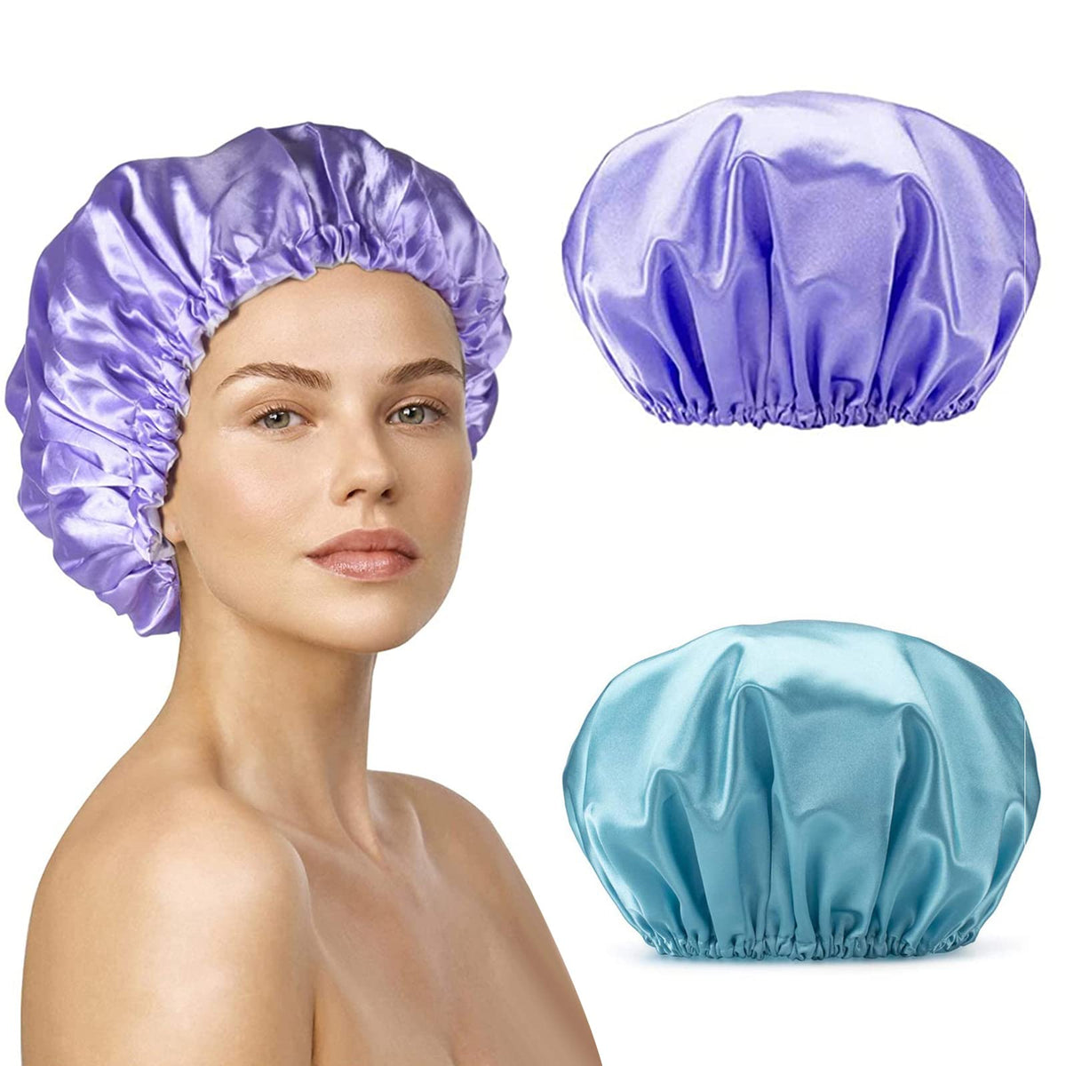 Smilco Reusable Waterproof Shower Caps For Women - 2 Pack, Large Eva Hair Protection, Purple & Blue