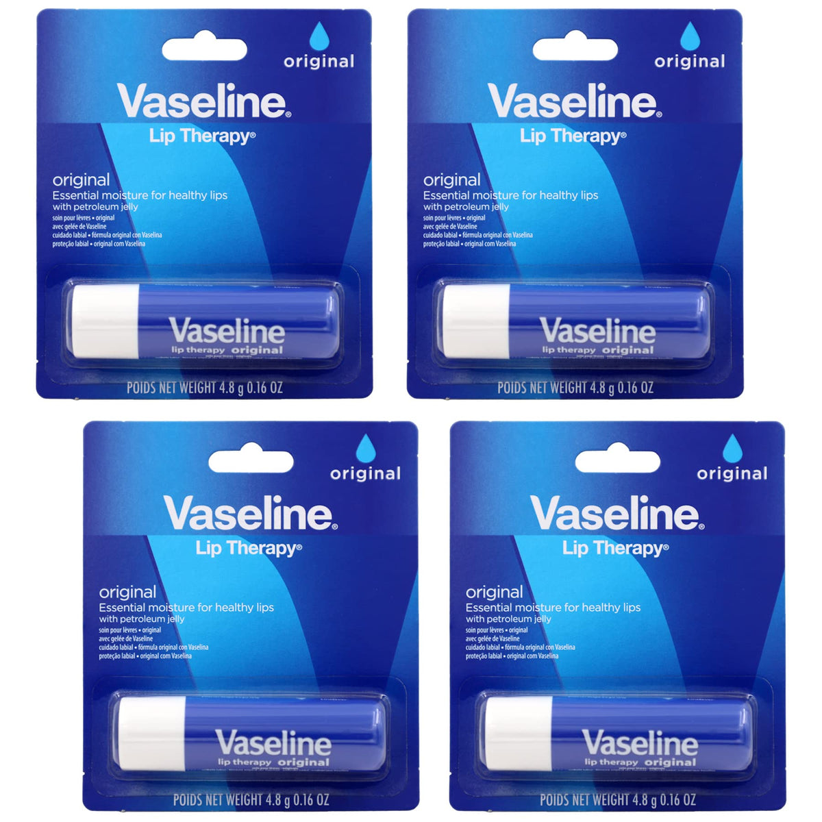 Vaseline Lip Therapy Care Original, Fast-Acting Balm For Chapped Lips, 0.16 Oz (Pack Of 4