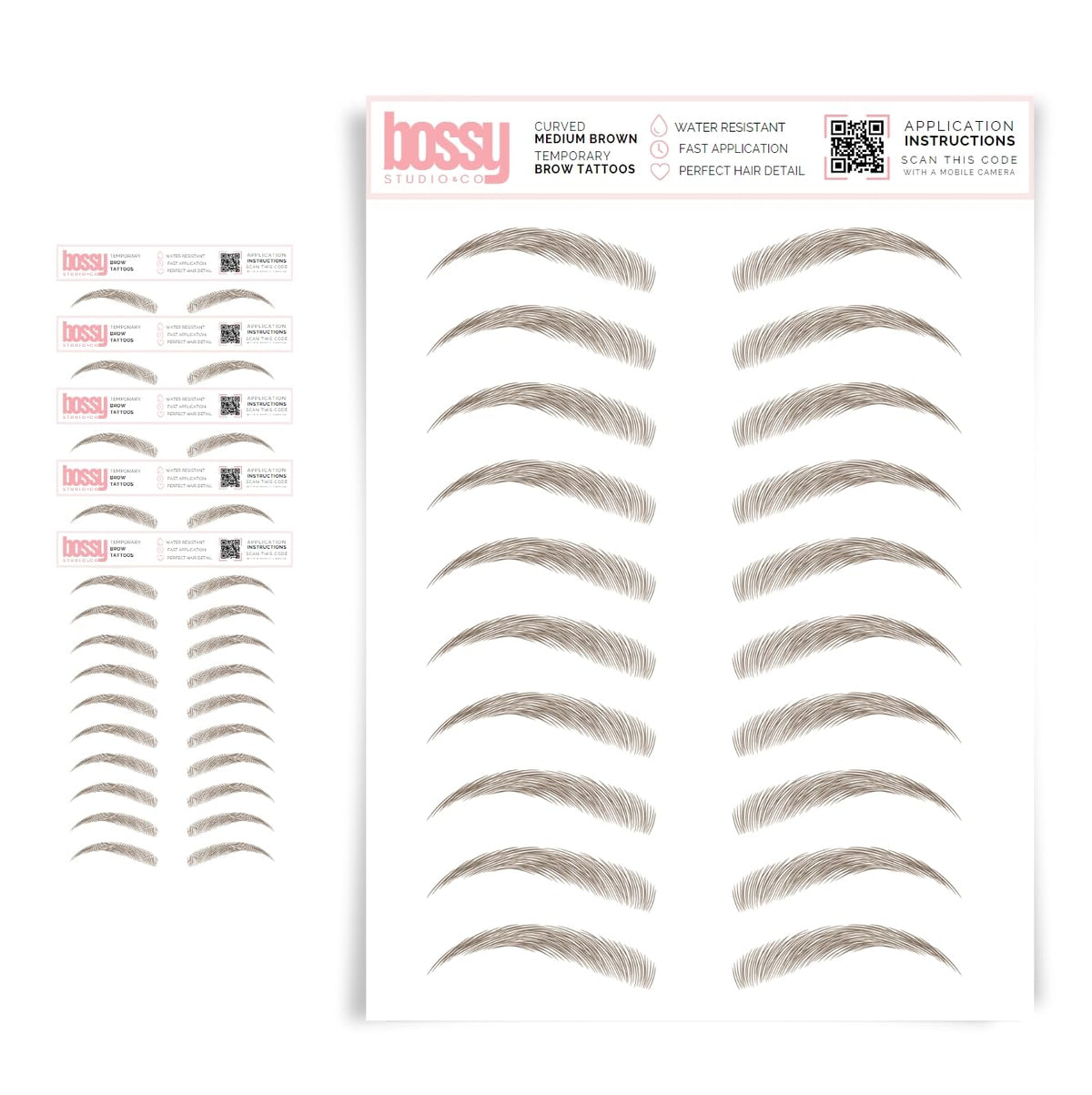 Brows By Bossy 5 Pack Waterproof Eyebrow Tattoos - Natural Medium Brown Instant Transfer Stickers