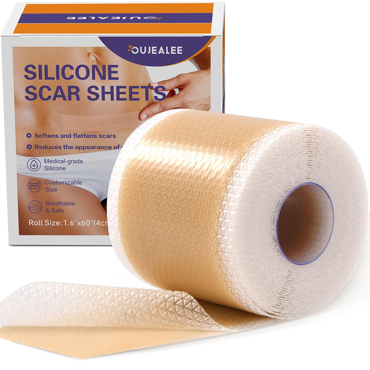 Oujealee Silicone Scar Tape - Medical Grade 1.6&quot; X 60&quot; Roll For Surgical Scars, Keloid