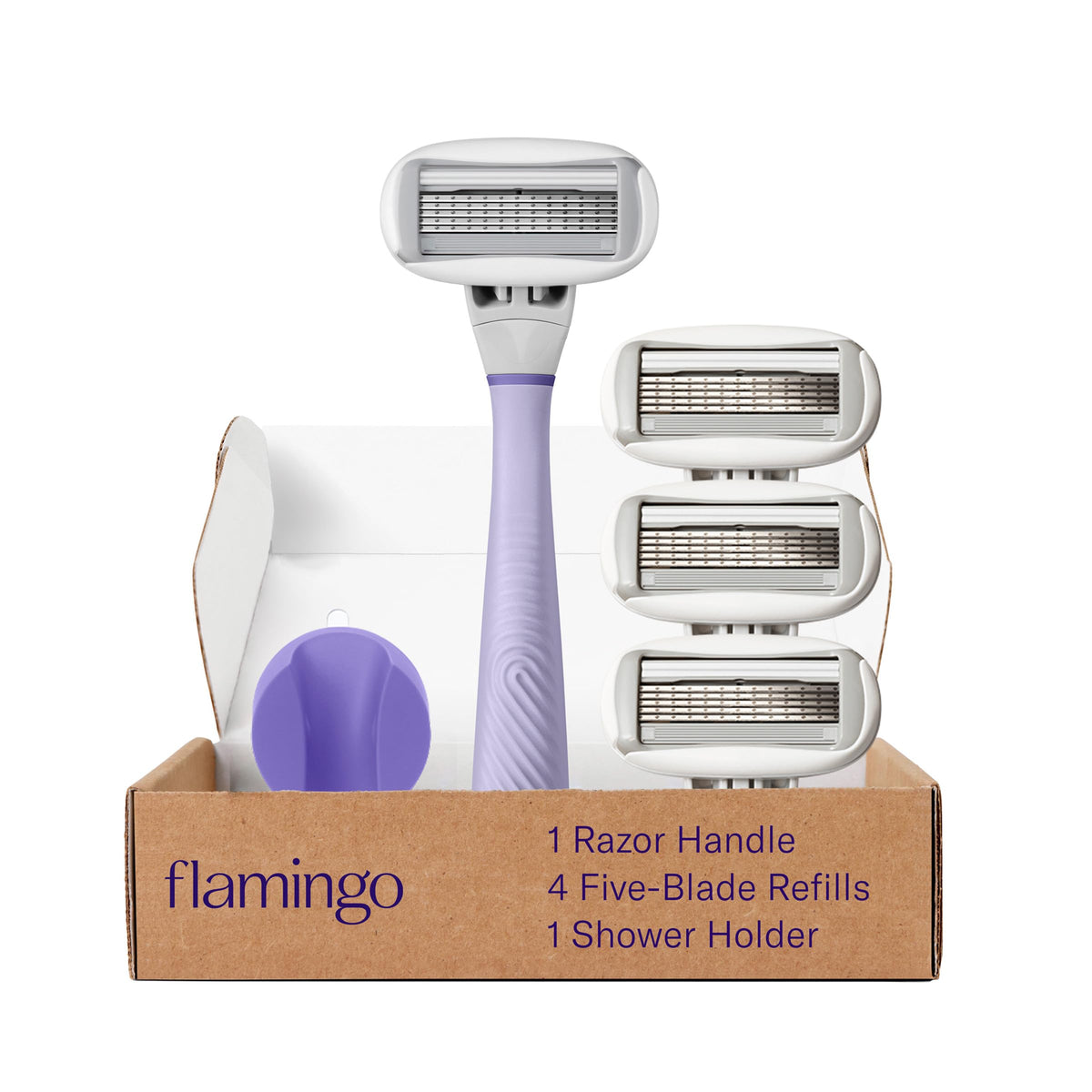 Flamingo Women'S Razor Set - Lilac Handle, 4 Five-Blade Refills & Shower Holder, 6 Pieces