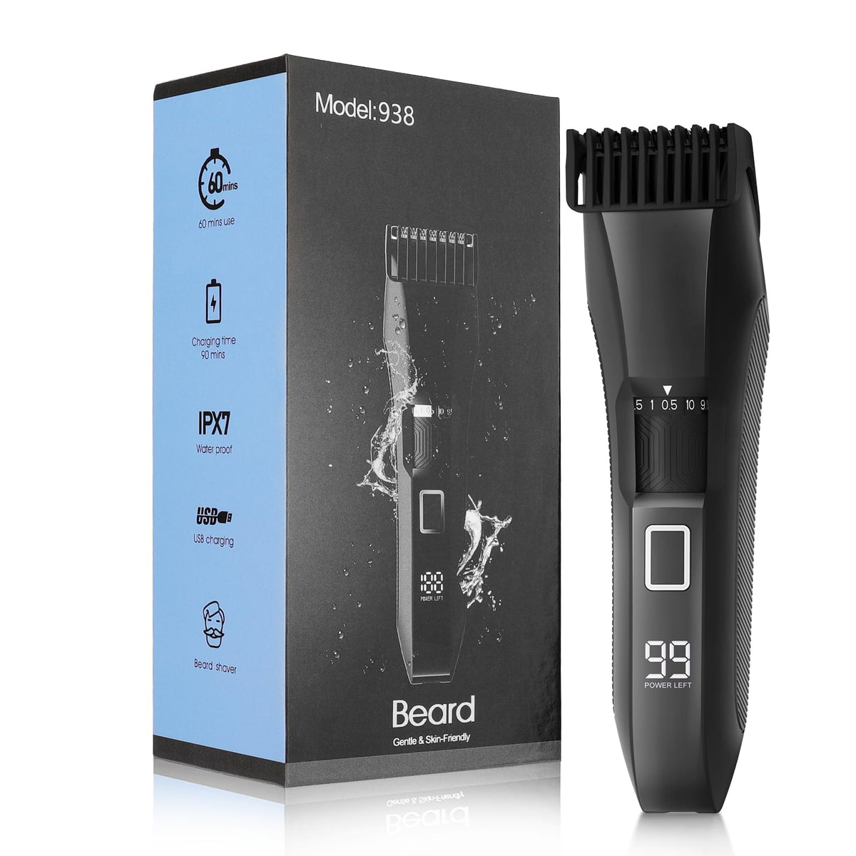 Beatslm Men'S Beard Trimmer, Waterproof Stainless Steel T-Blade, 20 Length Settings, Led Display, Black