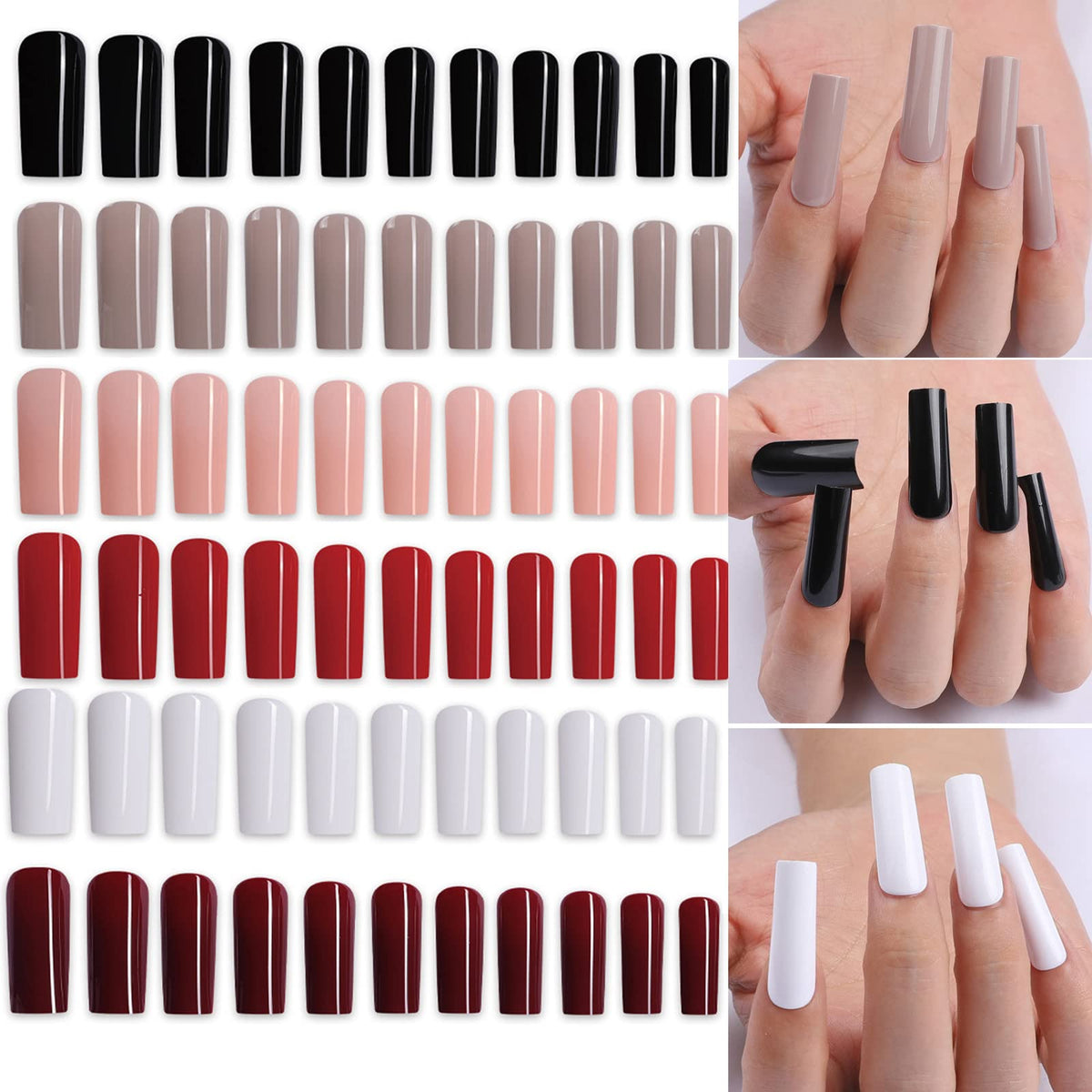 Addfavor 144Pcs Glossy Press On Nails - Long Tapered Square Acrylic Nail Tips, Wine Red & More