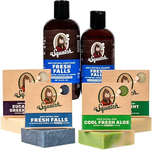 Dr. Squatch Men'S Bar Soap Pack - Aloe, Spearmint Basil, Eucalyptus, 5 Soaps & Fresh Falls Shampoo