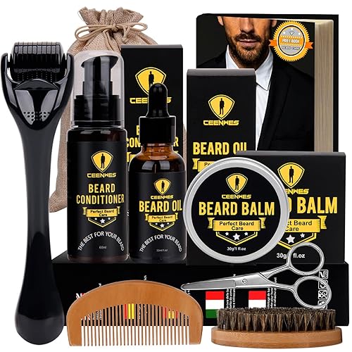 Ceenwes Beard Grooming Kit - Oil, Balm, Brush, Comb, Scissors & Storage Bag For Men