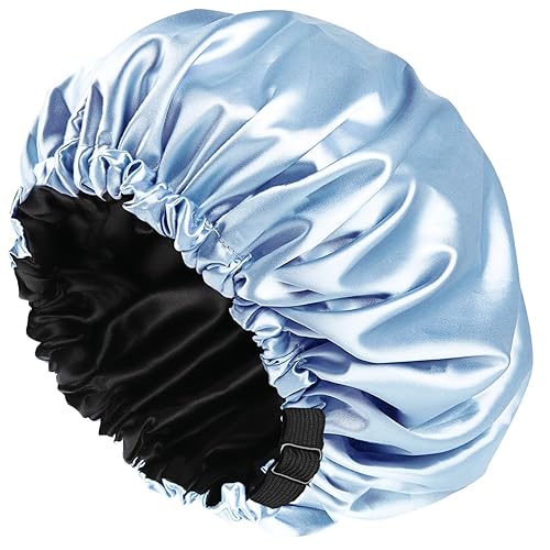 Amamba Large Blue Shower Cap - Double Layer Satin, Adjustable, Waterproof, Washable, Reusable