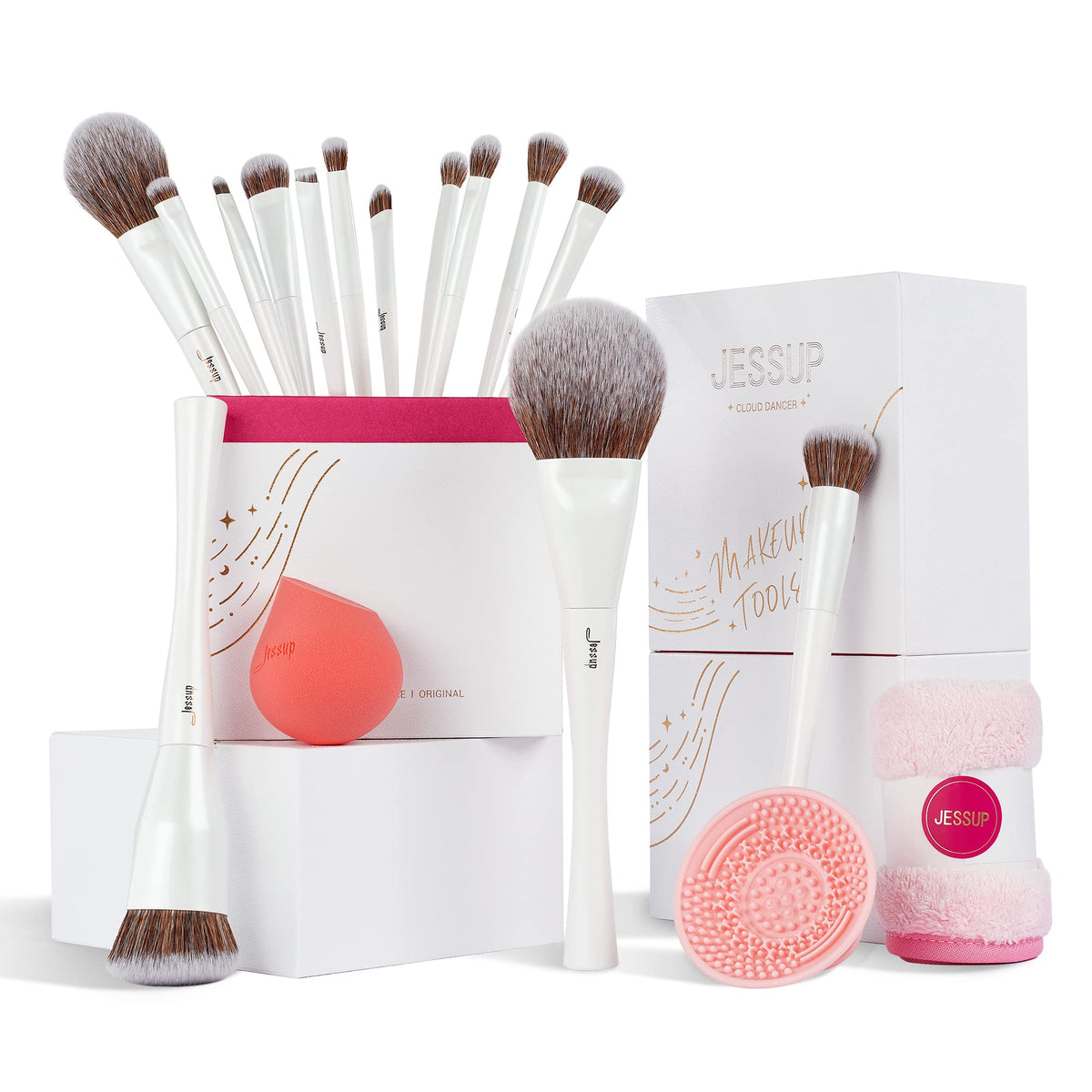 Jessup 14Pcs Makeup Brush Set - Pearl White Highend Gift Set With Sponge & Cleaner