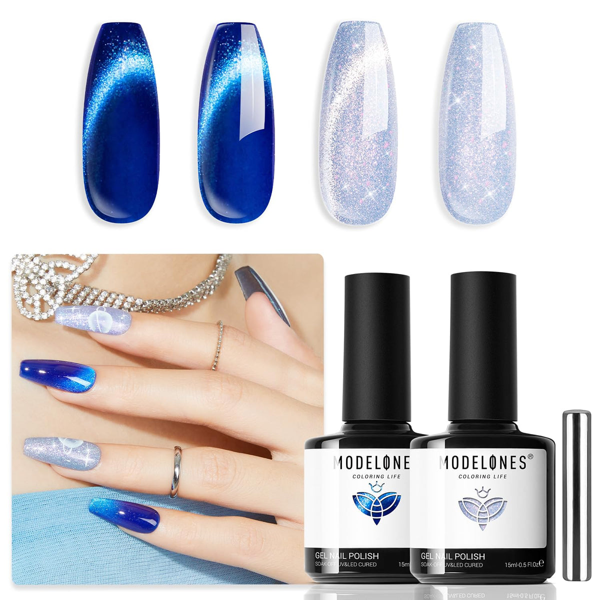 Modelones 2 Pcs Gel Nail Polish Set - 15 Ml Blue Cat Eye Glitter - Soak Off Led Nail Art