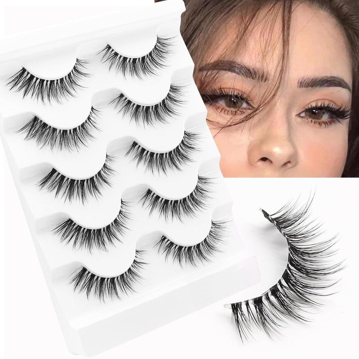 Veleasha Wispy Faux Mink Lashes - 5 Pairs, Lightweight, Natural Look, Soft Clear Band