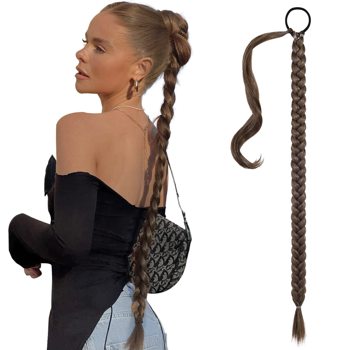 Seikea 34&quot; Braided Ponytail Extension - Medium Brown With Golden Highlights, Soft Synthetic Hair