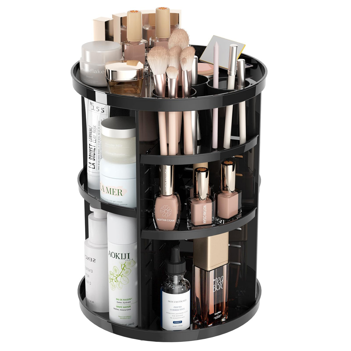 Jiavarry 360° Rotating Makeup Organizer, Black Acrylic Skincare Storage Carousel For Vanity