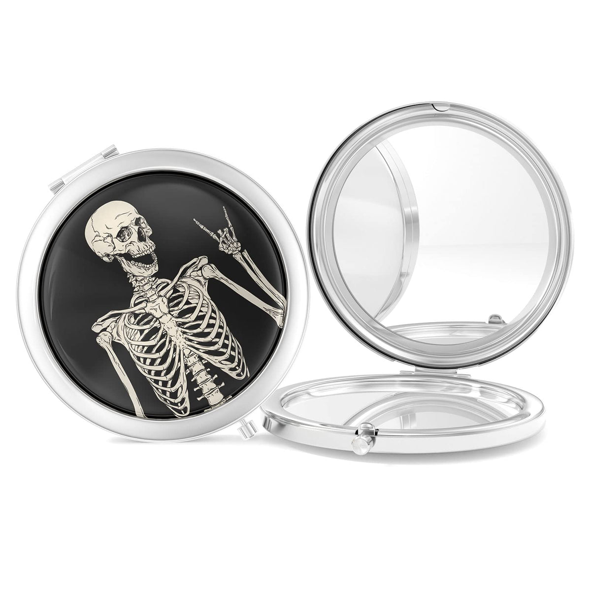 Nipichsha 2-Sided Compact Mirror - 2X/1X Magnification, Portable Silver Skull Makeup Mirror