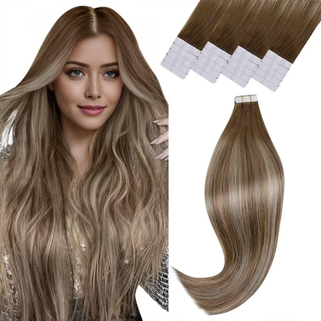 Vivien 18&quot; Tape In Human Hair Extensions Chestnut Brown To Platinum Blonde Balayage 20Pcs