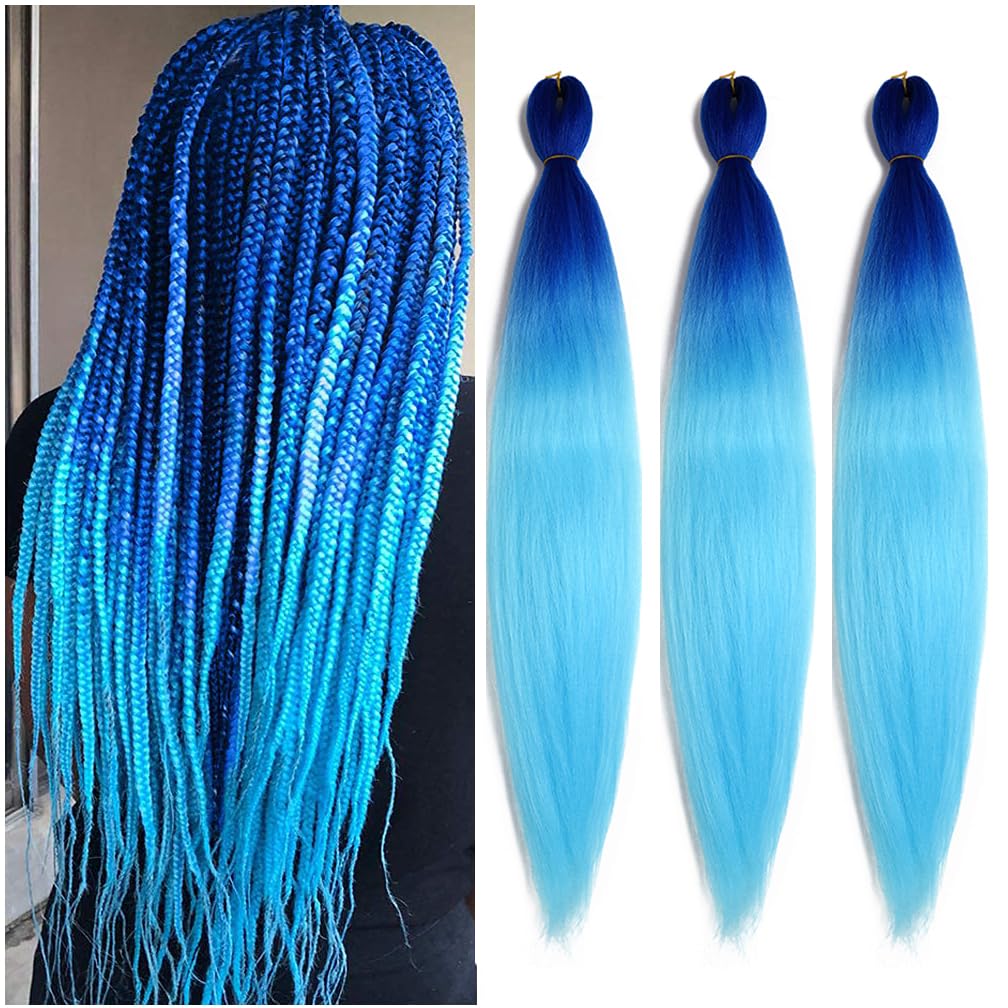 Balinghair 28&quot; Ombre Blue Kanekalon Braiding Hair - Pre Stretched, Hot Water Setting (3 Packs)