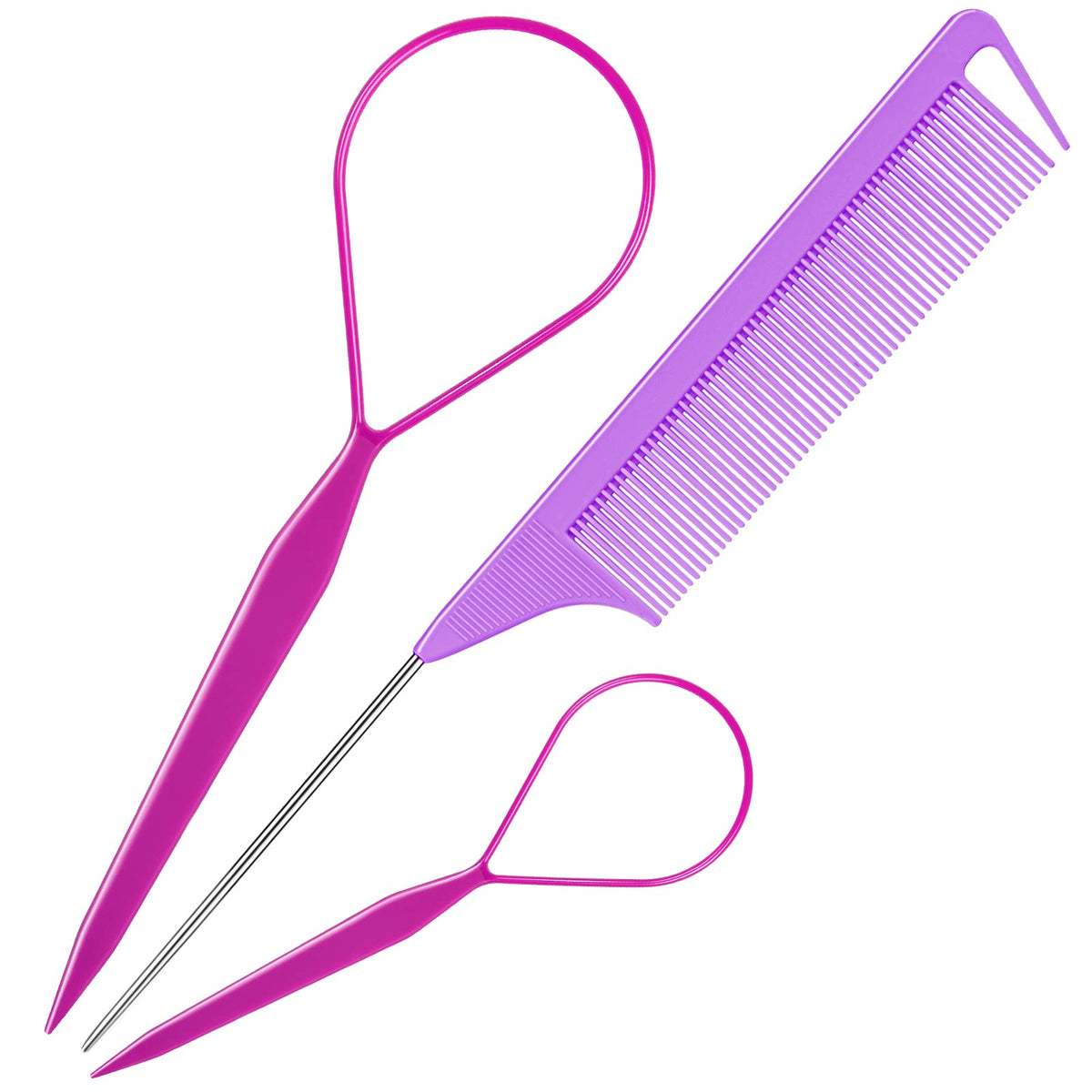 TsMADDTs 3-Pack Hair Loop Tool Set with Braid Tools & Rat Tail Comb - Purple