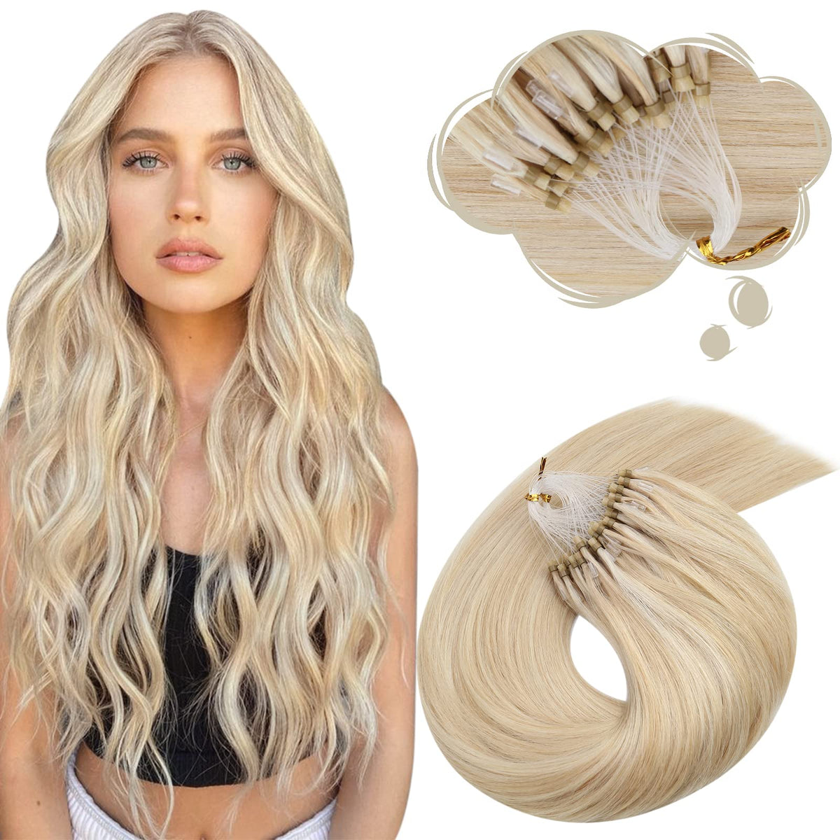 Moresoo Micro Loop Hair Extensions 22&quot; Real Human Hair Golden Blonde #P14/613 50g