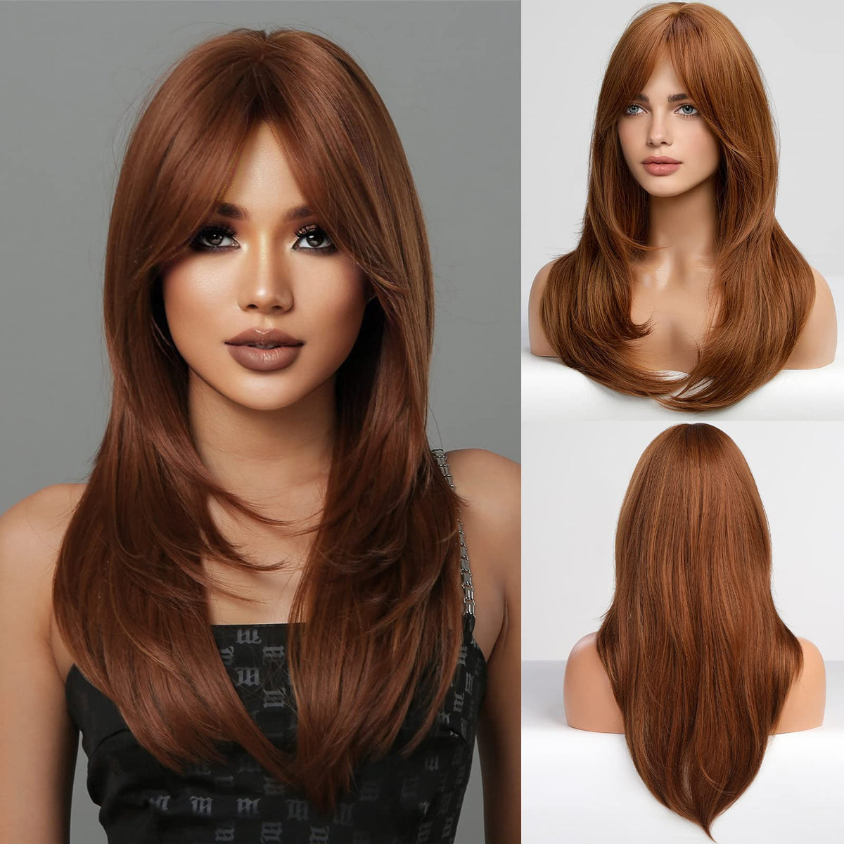 Haircube Auburn Wigs For Women, 24&quot; Long Layered Orange Brown Bangs, Heat Resistant Fiber