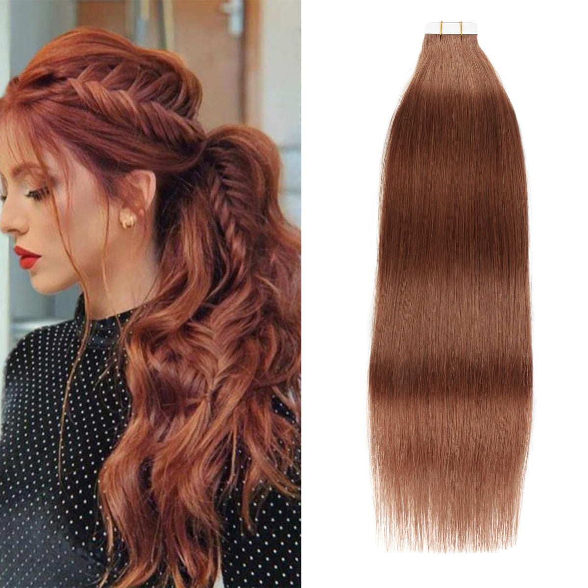 Ymeyme 20&quot; Tape In Hair Extensions #33 Copper Human Hair Seamless Reusable 50G 20Pcs